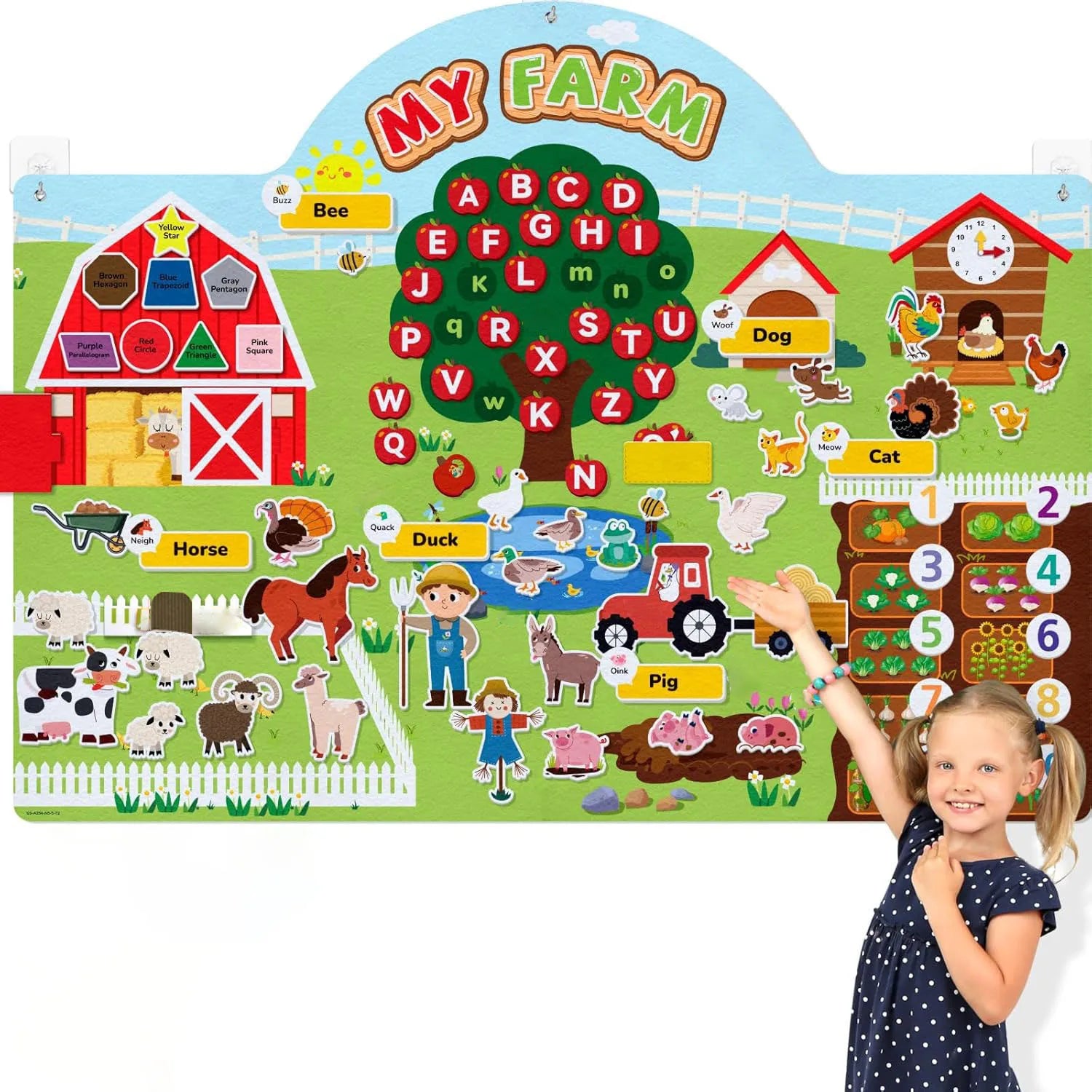 A young girl points at the Farm Animals Felt Story Board Set Interactive Play Kit for Toddlers, featuring farm animals, a barn, letters, numbers, farmer and tractor illustrations for early learning and interactive play.