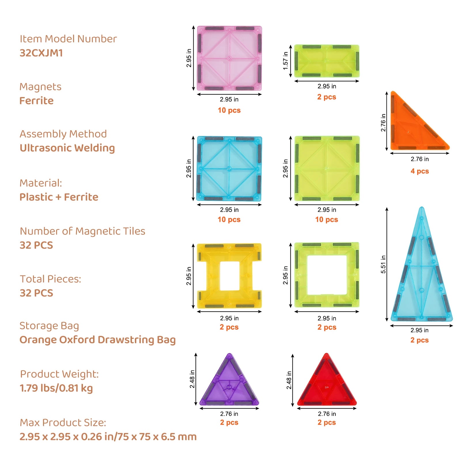 Diagram of the VEVOR 32PCS Colorful Magnetic Building Tiles Set featuring squares, triangles, and trapezoids. Includes model number, durable plastic material, total pieces, and storage bag details. A perfect STEM Educational Toy for curious minds.