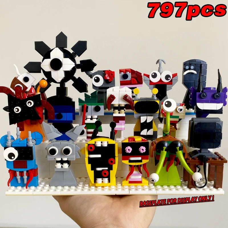 A hand displays the New Moc Incredibox Sprunki Building Blocks Set (797pcs), featuring 18 colorful, whimsical monster figures. Text reads 797pcs at the top right and BASEPLATE FOR DISPLAY ONLY! at the bottom right.