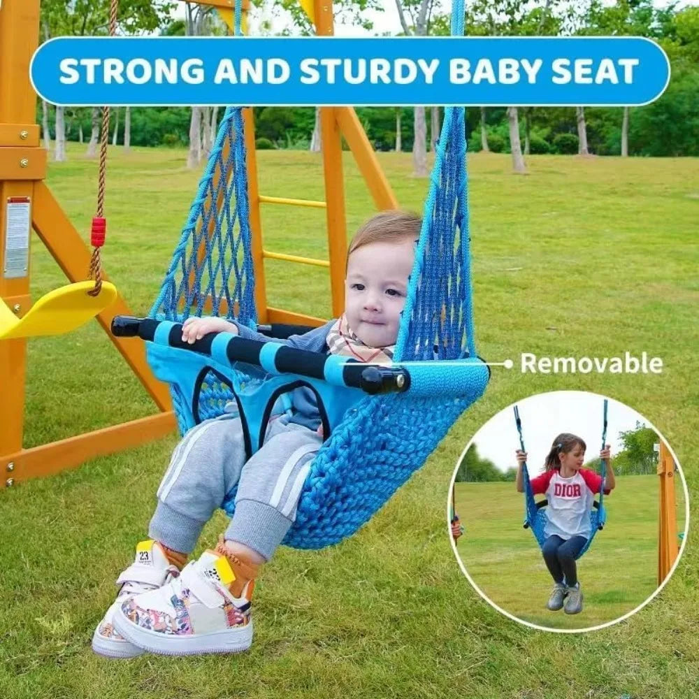 A young child enjoys a swing on the wooden backyard playground set with slide, climbing wall, sandbox, and colorful canopy for ages 3-6. Inset: older child using swing. Text: STRONG AND STURDY BABY SEAT, Removable.