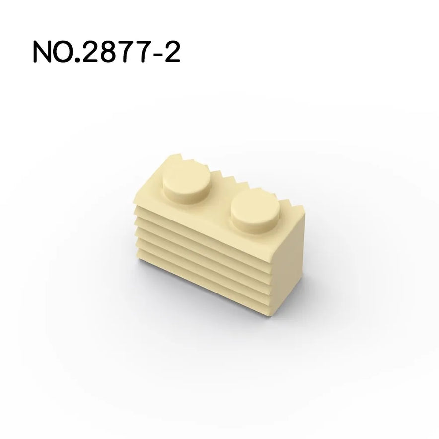 A set of 50 beige MOC Parts 2877 Brick Modified 1x2 with a fluted grille profile, compatible with Lego. Perfect for building and fine motor skills. Displayed on white; text NO.2877-2 appears in the upper left corner.
