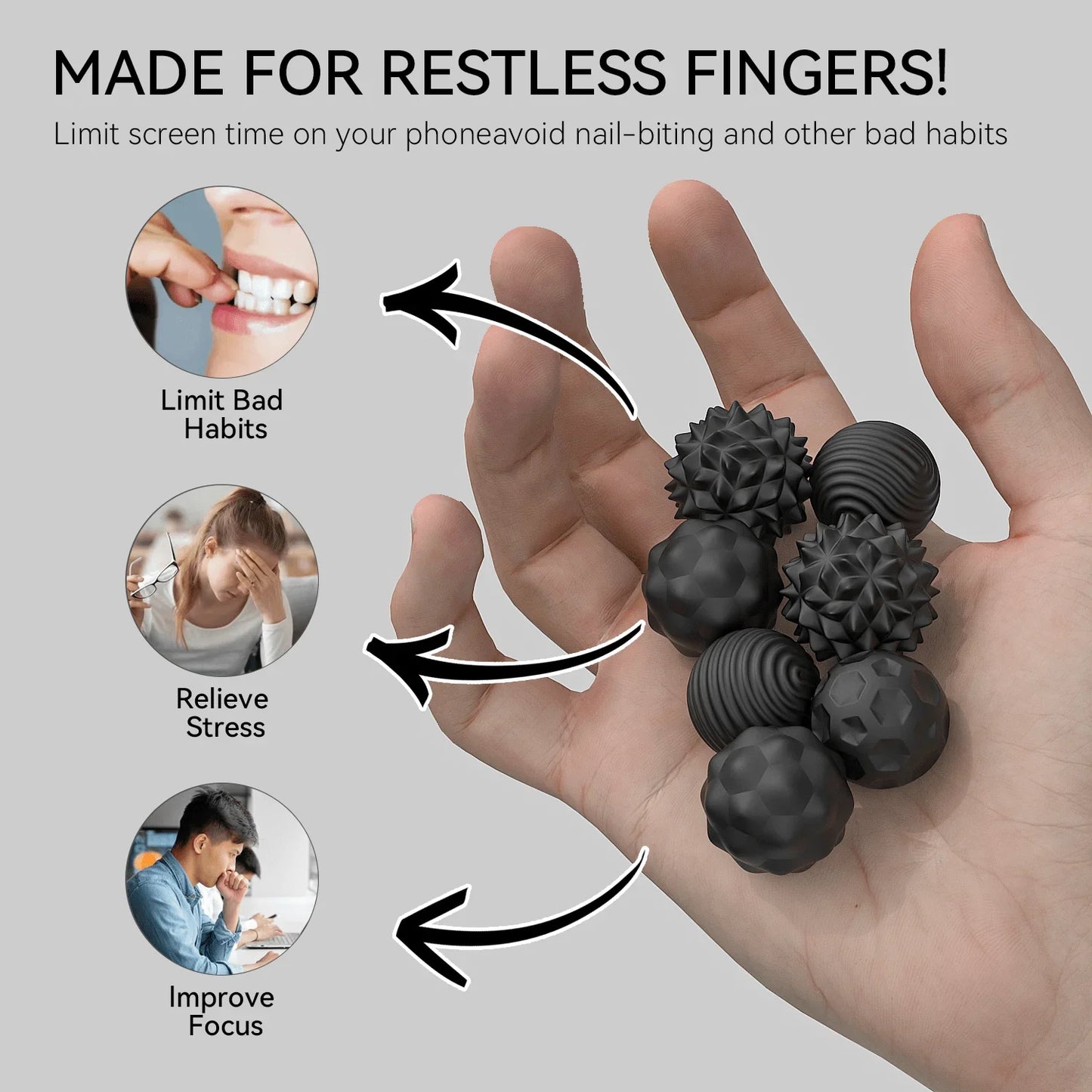 Hand holds the 4Pcs 8PCS Silicone Magnetic Balls Set for Adults; arrows show stress relief, fewer bad habits (like nail-biting), and better focus. Images demonstrate uses. Text: MADE FOR RESTLESS FINGERS!.