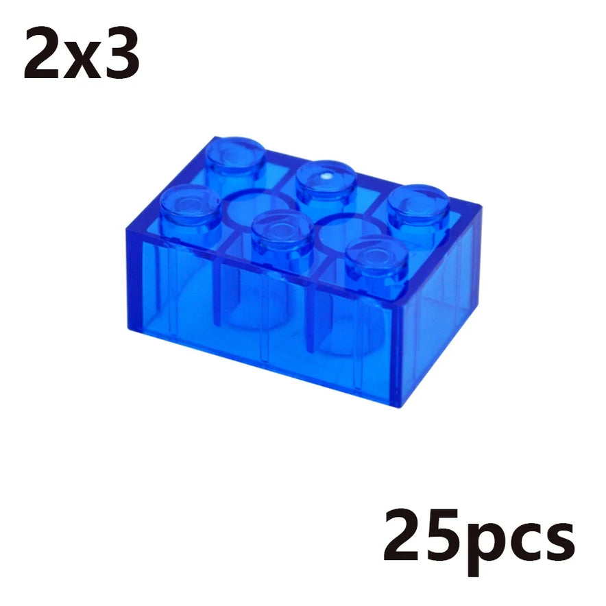 A transparent dark blue 2x3 bulk brick, part of the MOC Transparent Bulk Brick Set (1x1, 1x2, 1x4, 2x4), is displayed with 25pcs—perfect for expanding your LEGO compatible building block collection.