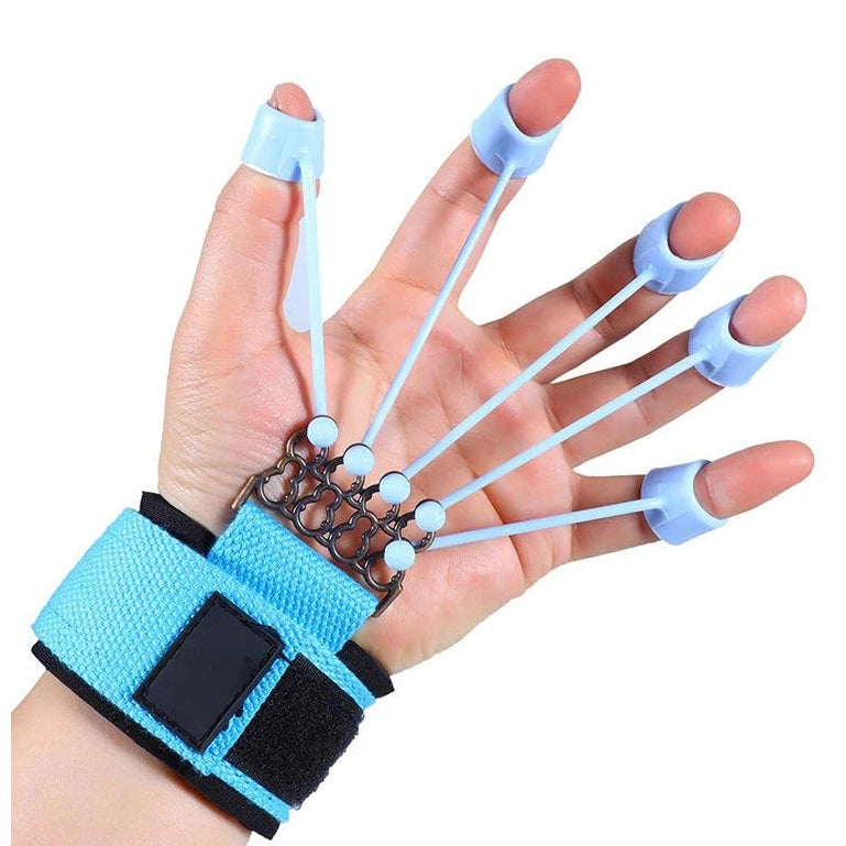 A hand wearing a Forearm Grip Strengthener splint with finger separators and adjustable straps, designed for improving grip power, aiding in finger extension, mobility recovery, and strength training.