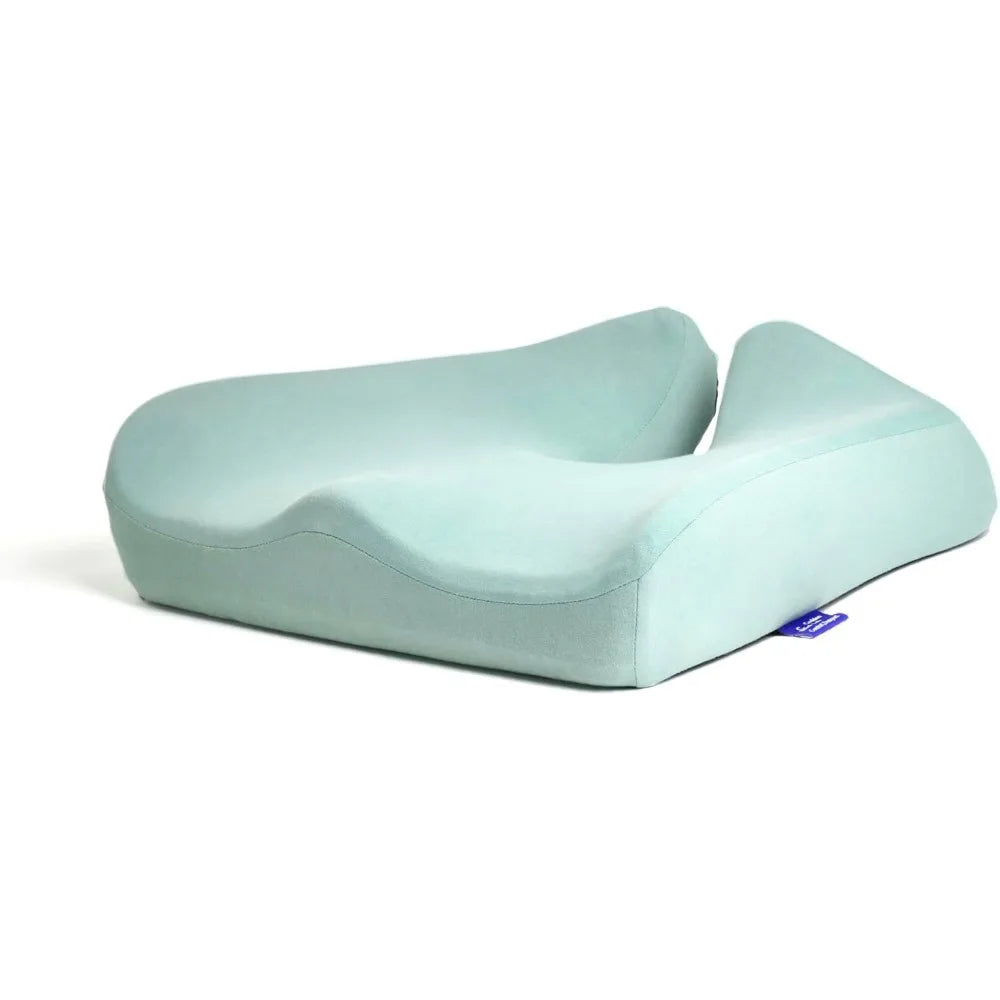 Experience ultimate comfort with the Cushion Lab Patented Pressure Relief Seat Cushion, designed for long sitting hours. Crafted from memory foam with a contoured shape, it offers exceptional support. The 100% cotton cover and small blue side tag enhance its sleek style. Perfect for office, home, car, or wheelchair use.