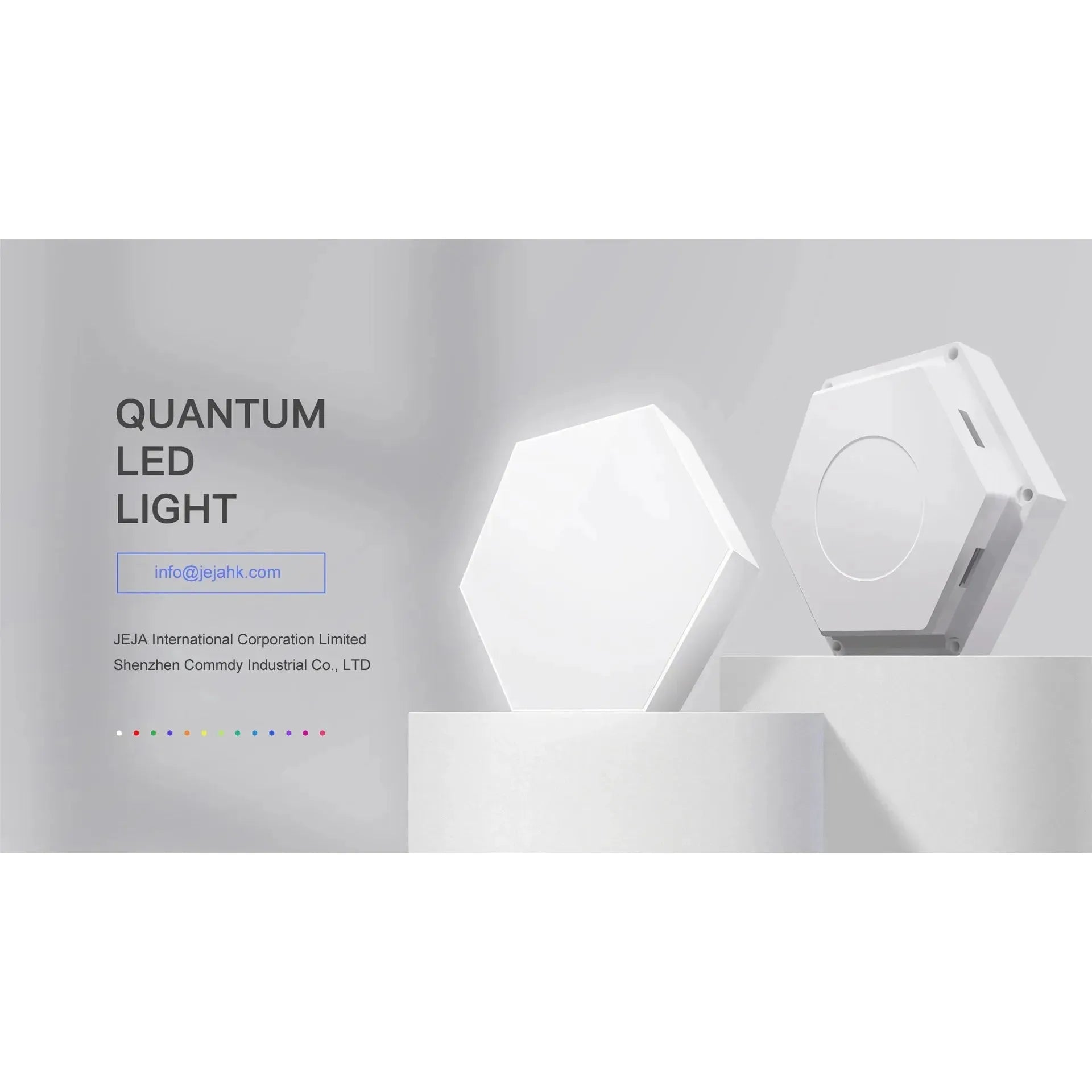 Two Hexagonal LED Modular Night Light Panels for Sensory Rooms are shown on cylindrical stands with “QUANTUM LED LIGHT” to the left, company info, and a white background highlighting their color-changing and remote-control features.