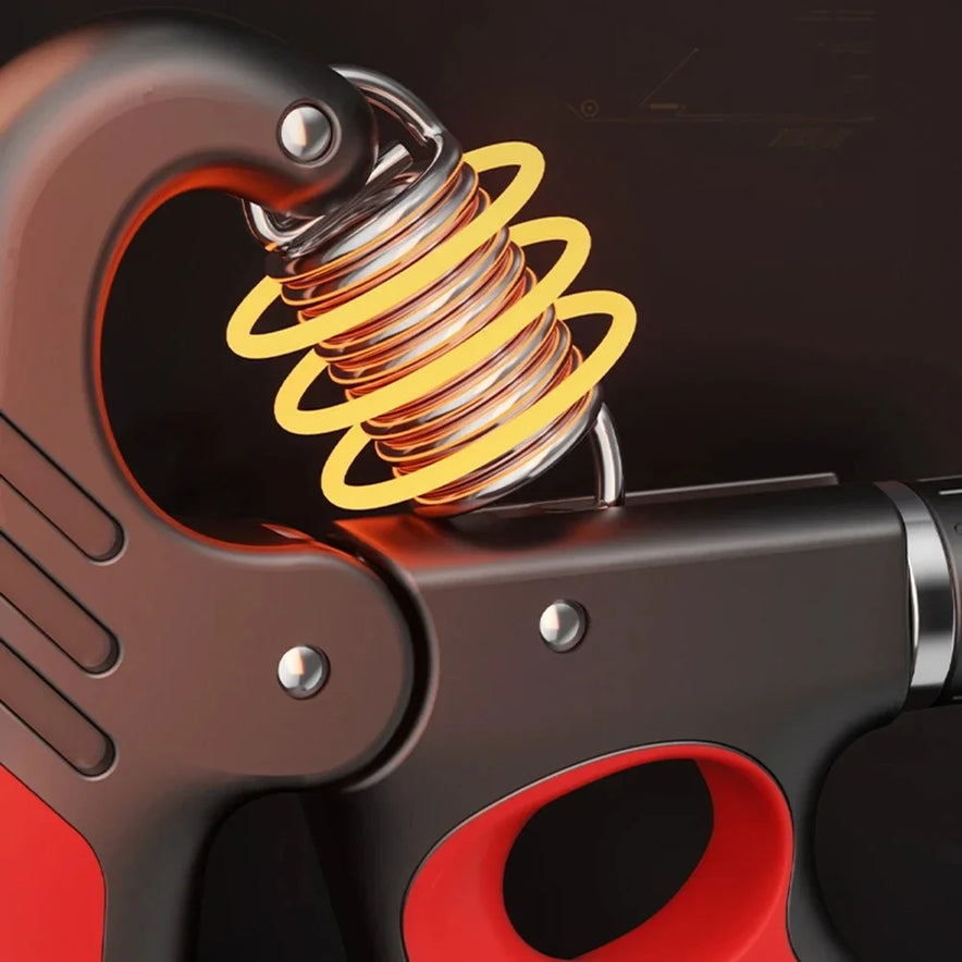 Close-up of a futuristic black and red plastic Hand Gripper for Muscle Development and Fitness Workouts with coiled springs glowing orange at the top, set against a black background. Perfect as a grip strength trainer.