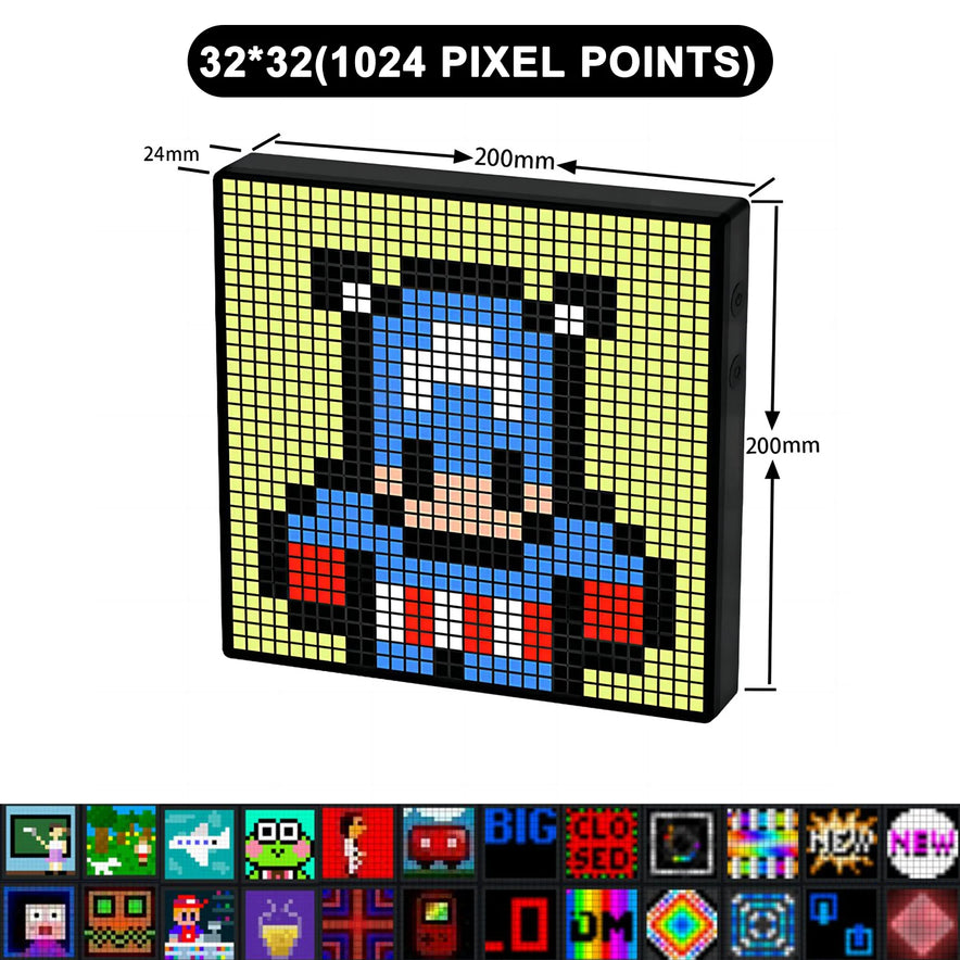 The LED Pixel Display 64x64 RGB Matrix Panel features programmable pixel art with Bluetooth APP control and USB plug. It creatively displays pixel designs, including superhero characters, on its vibrant screen.