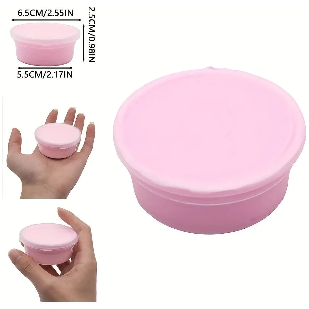 A collage features three images of the pink Sensory 60ml Butter Slime Polymer Putty. The largest image highlights its flexibility, while two smaller ones show it held in a hand to demonstrate size and non-sticky texture. Measurements in centimeters and inches are noted alongside.