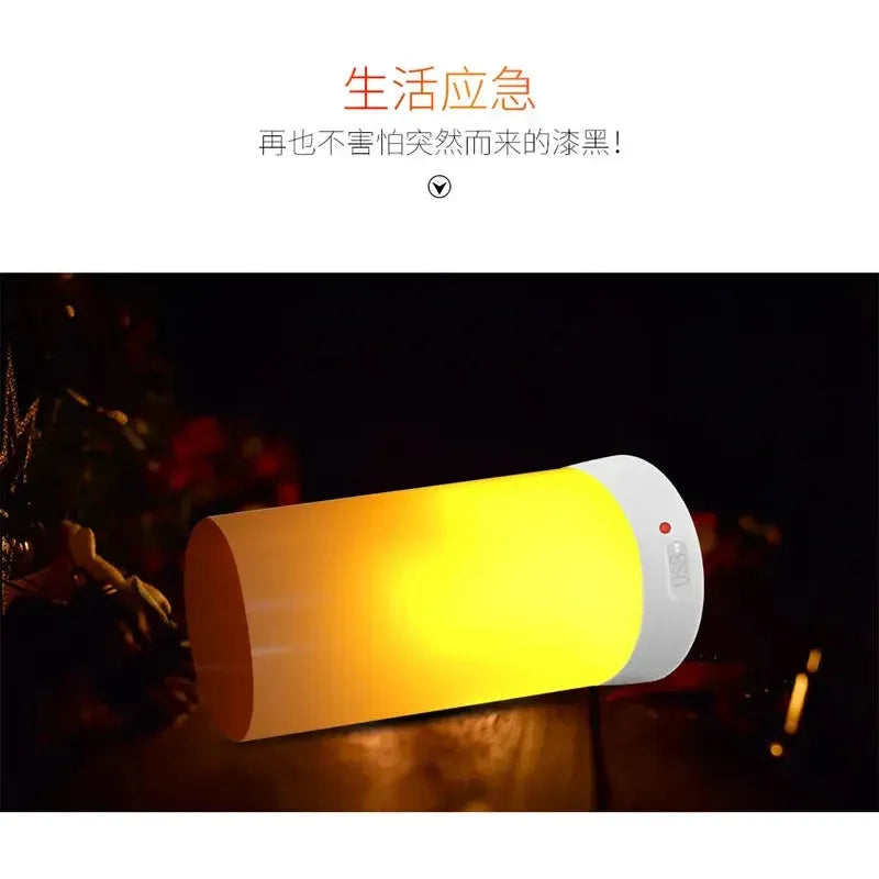 A cylindrical light emitting a soft yellow glow resembles the Simulated Flame LED Night Light against a dark background, with orange and black Chinese text above, highlighting its versatile use for realistic flame effects.