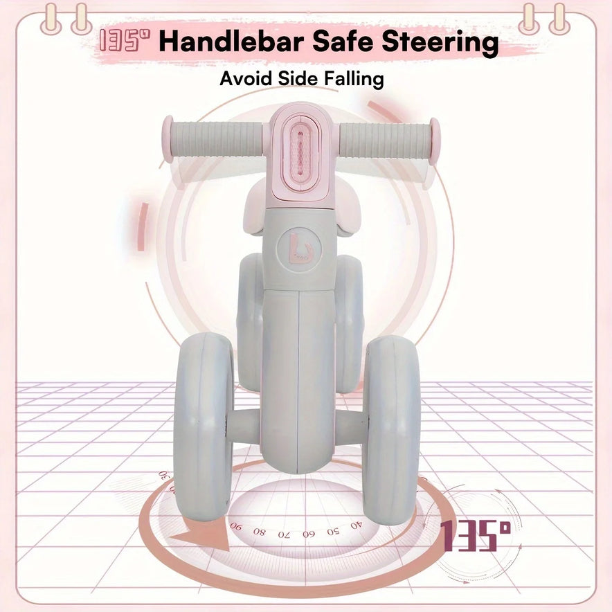 Front view of the Sliding Balance Bike with 3 Mode Headlight and 4 transparent silent wheels, featuring a 135° handlebar turning limit to prevent side falling and support gross motor skills. Text: Handlebar Safe Steering. Avoid Side Falling.