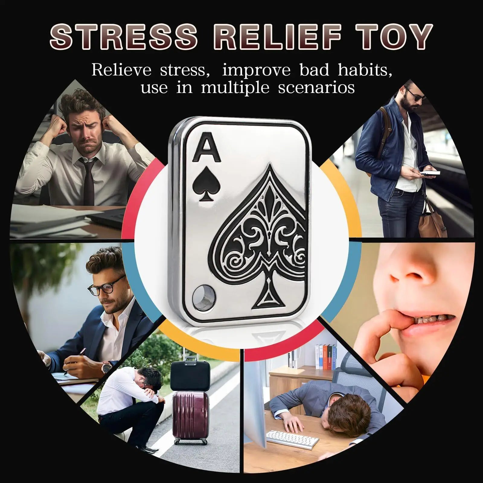 The EDC Metal Fidget Slider Magnetic Poker Push Card, shown in the center, helps relieve stress and improve habits for adults, teens, and men facing anxiety at work, while traveling, studying, or breaking bad habits like nail-biting.