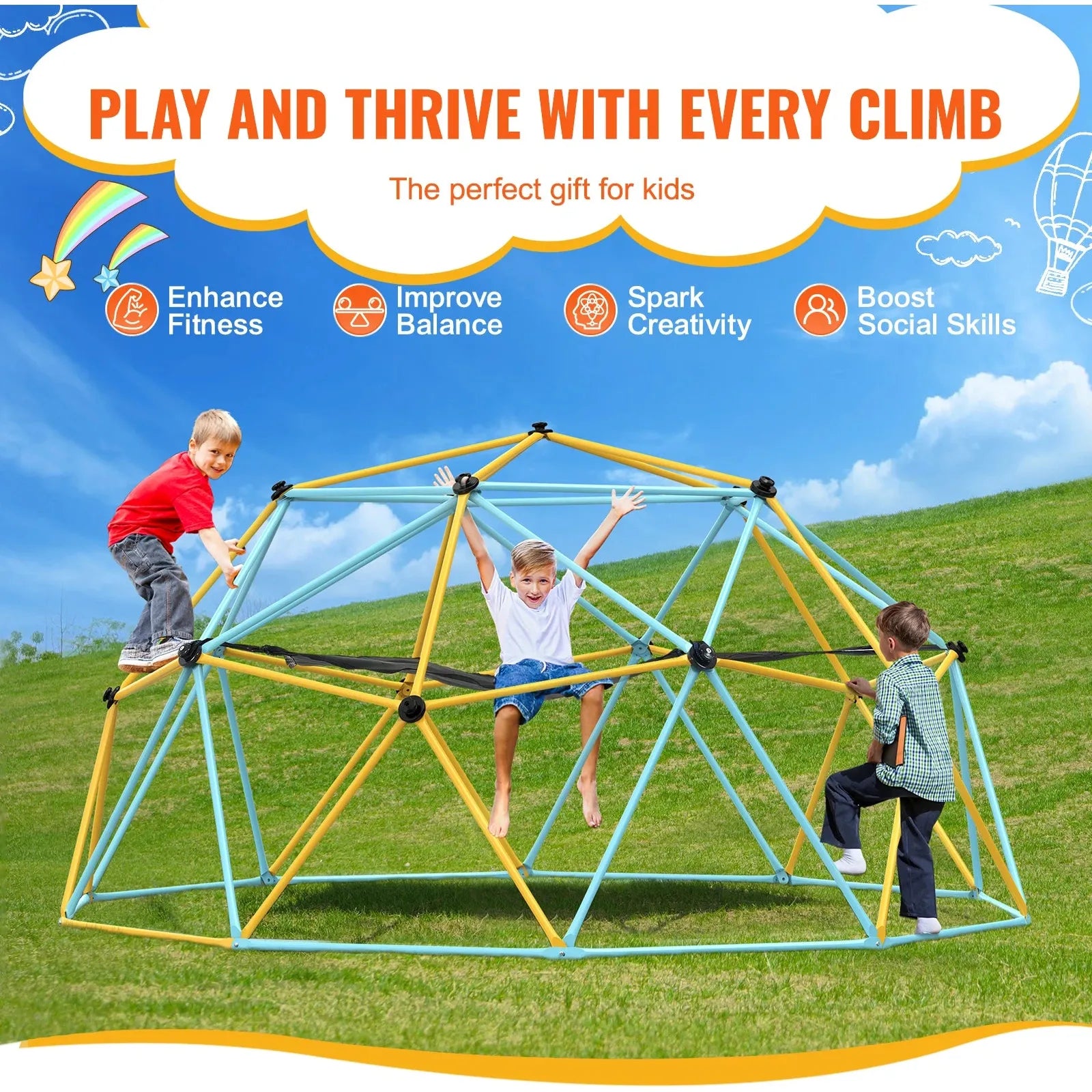 Kids enjoy the VEVOR Geometric Dome Climber with Hammock Swing, set on a grassy hill. Play and Thrive with Every Climb reads above, emphasizing benefits like fitness, balance, creativity, and social skills—an ideal gift for children. Available in 6/8/10/12FT sizes for backyard fun.