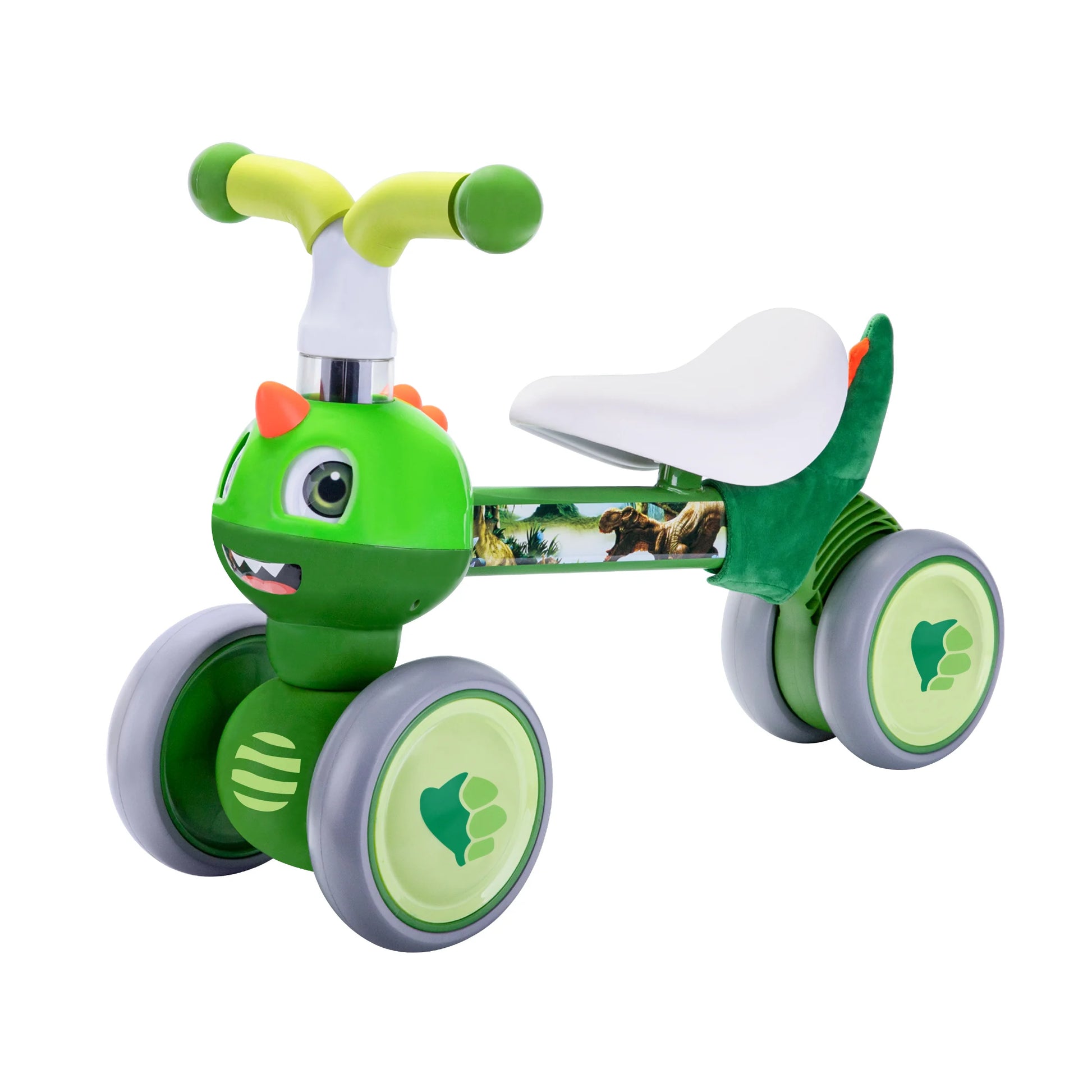 The Baby Balance Bike With 4 Wheels for toddlers ages 12 to 36 months, in a fun Dinosaur color, features horns, a smiling face, and dinosaur graphics—perfect for building motor skills and an ideal first birthday gift.