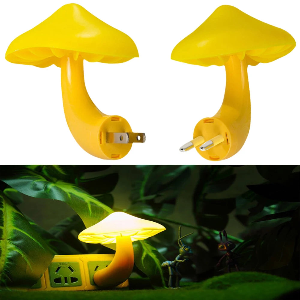 Two of the Mushroom LED Night Lights with Sensor Control are displayed. Below, one is illuminated, emitting a warm glow amidst green leaves. The sensor control automatically adjusts the ambiance perfectly.