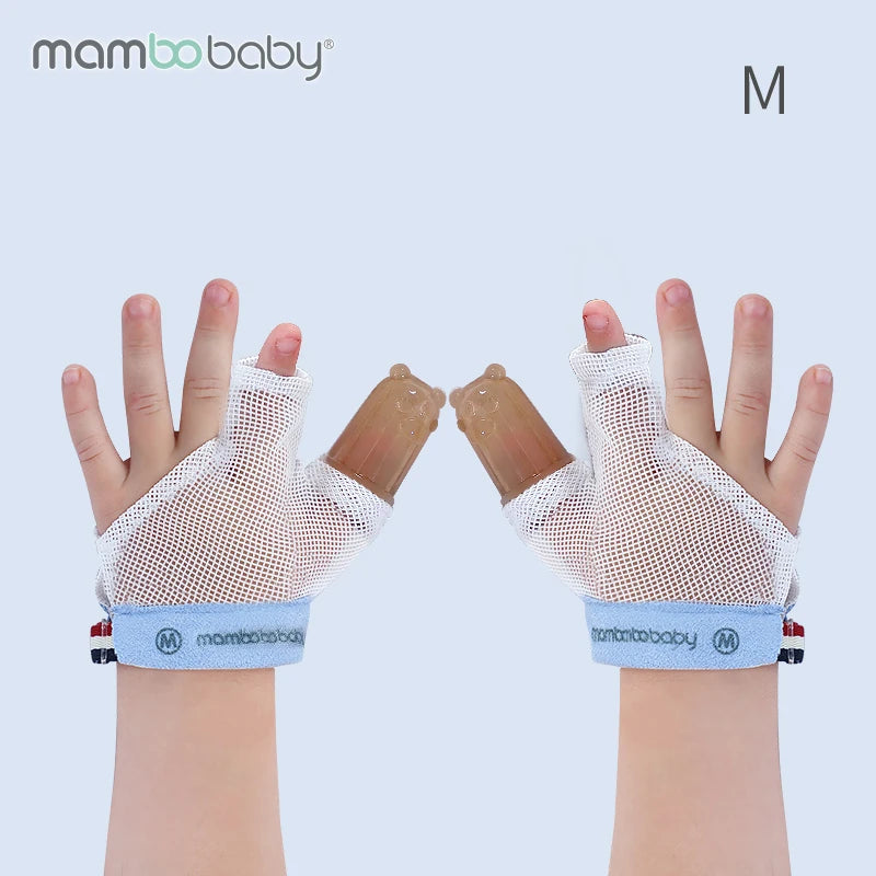 Two toddler hands wear white mesh gloves with brown thumb sections to curb thumb sucking, adorned with a blue mambobaby label. These stylish anti-nail biting gloves, set against a light gray background with an elegant M, are perfect for managing thumb-sucking habits.