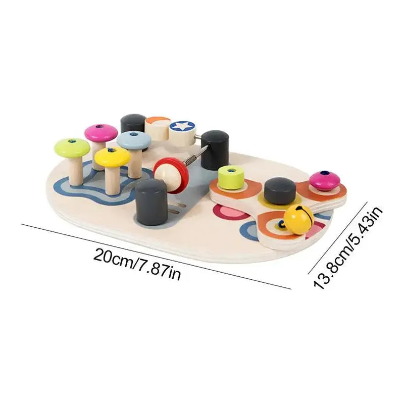 The Interactive Wooden Sensory Learning Board for Kids, measuring 20 cm by 13.8 cm, features colorful shapes and knobs to enhance fine motor skills and provide educational fun.