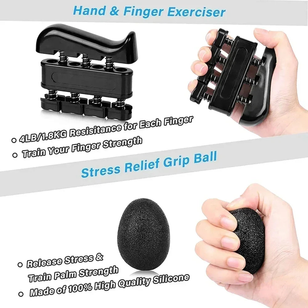 This image showcases the Hand Gripper for Muscle Development and Fitness Workouts, featuring adjustable resistance (4LB/1.8KG per finger) alongside a silicone grip ball for stress relief and improved palm strength.