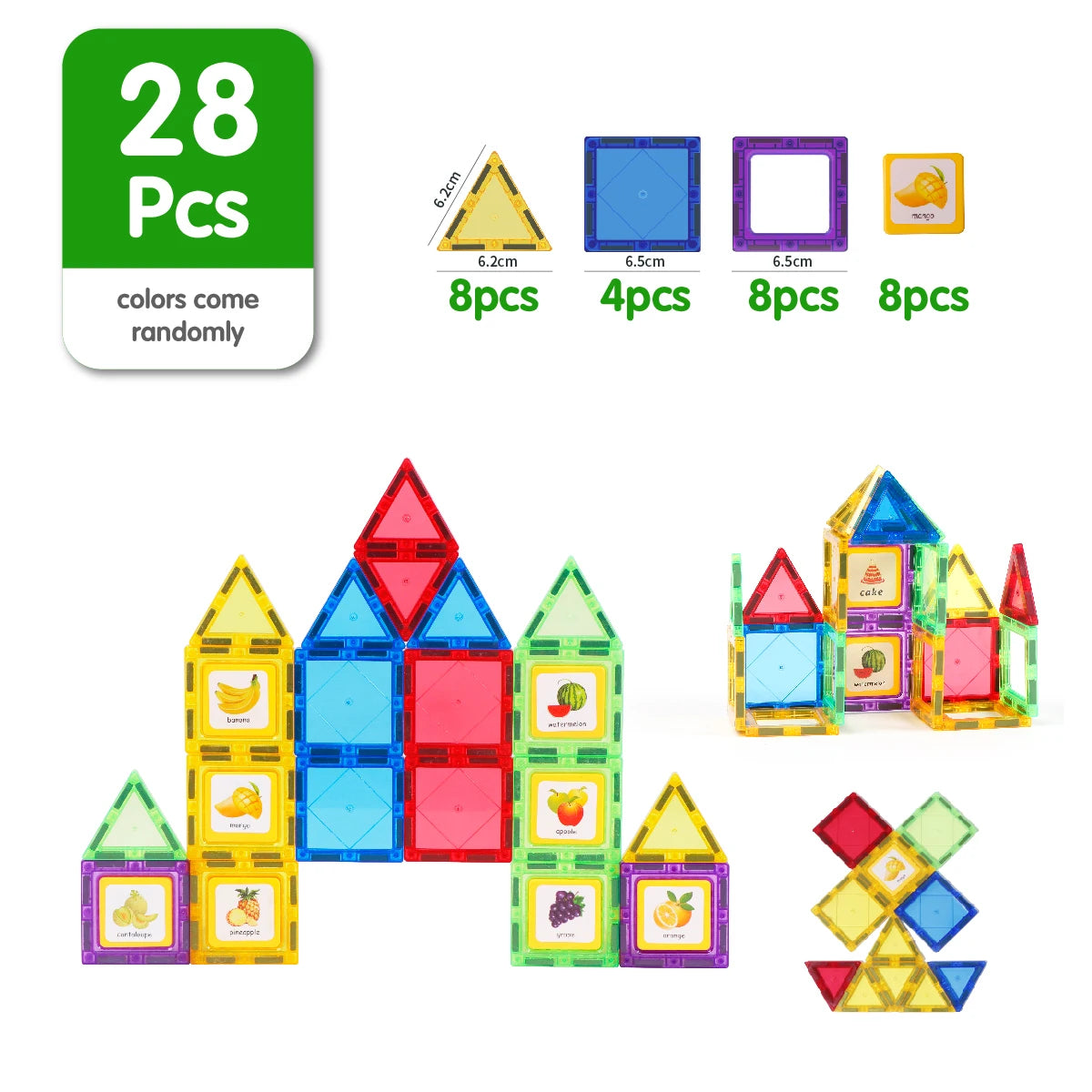 Explore educational play with the Magplayer Magnetic Building Blocks Construction Set. This Montessori-inspired set features 28 vibrant pieces, including colorful triangles, squares, and fruit-adorned windows, perfect for sparking creativity and learning in children.
