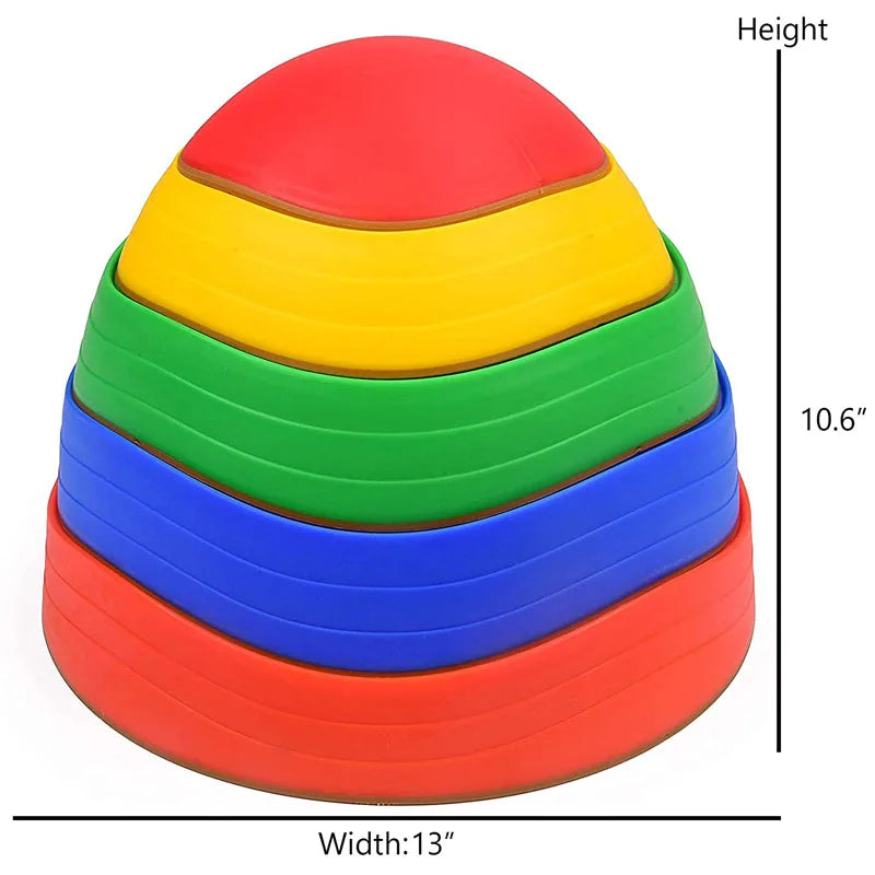 The Kids 5-Piece Outdoor Balance Stepping Stones Set features vibrantly colored stackable stones that form a pyramid with each layer smaller than the one below. Perfect for kids obstacle courses, they measure up to 13 inches wide and 10.6 inches tall in red, blue, green, yellow, and red again.