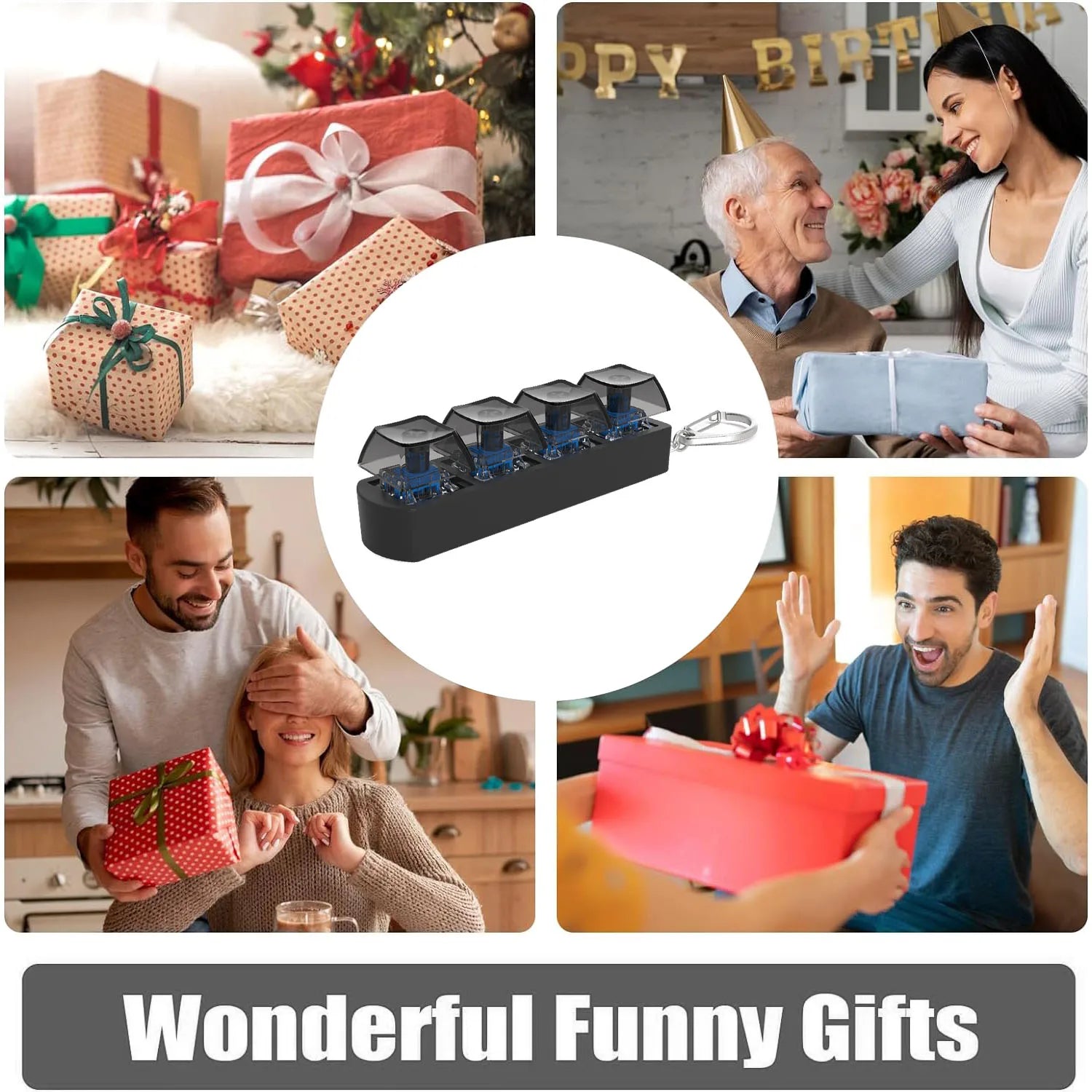A collage of four joyful gift-giving scenes surrounds a 4Keys Finger Button Anti Stress Toys Mechanical Keyboard Keycaps Keychain, captioned Wonderful Funny Gifts. Perfect office decompression and calming gift for kids and adults!.