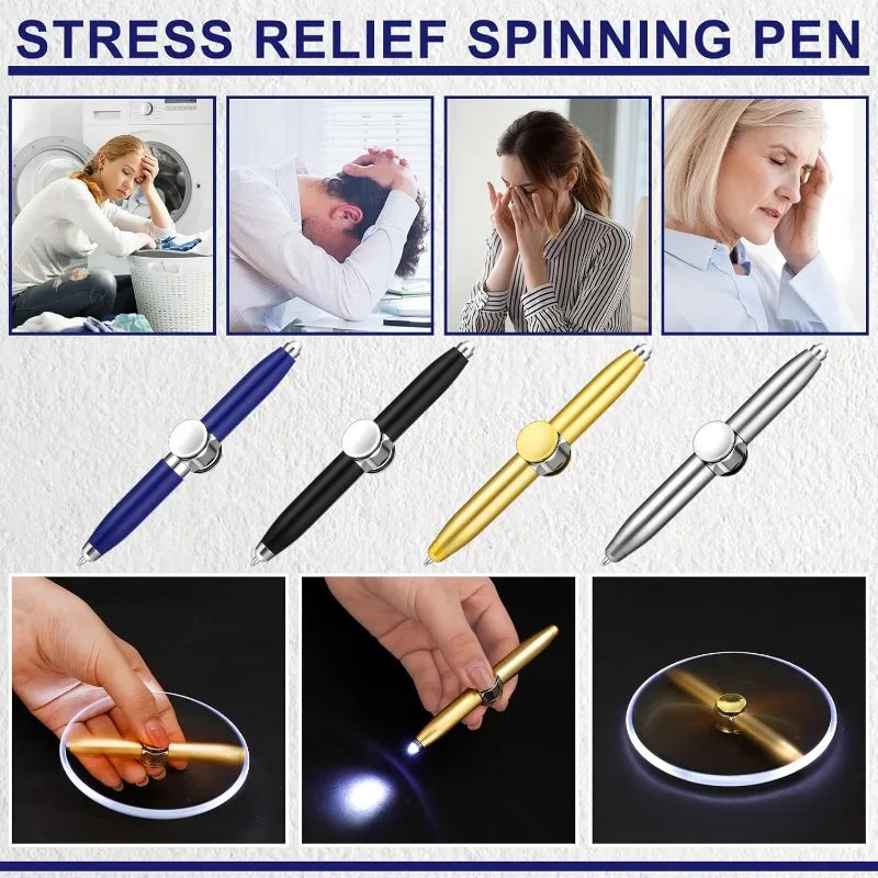 A promo image for the 4PCS Rechargeable Metal Fidget Pen with LED & Spinner shows stressed people, three colorful pens spinning and glowing in the dark. Durable metal construction ensures long-lasting use and effective anxiety relief at work or on the go.
