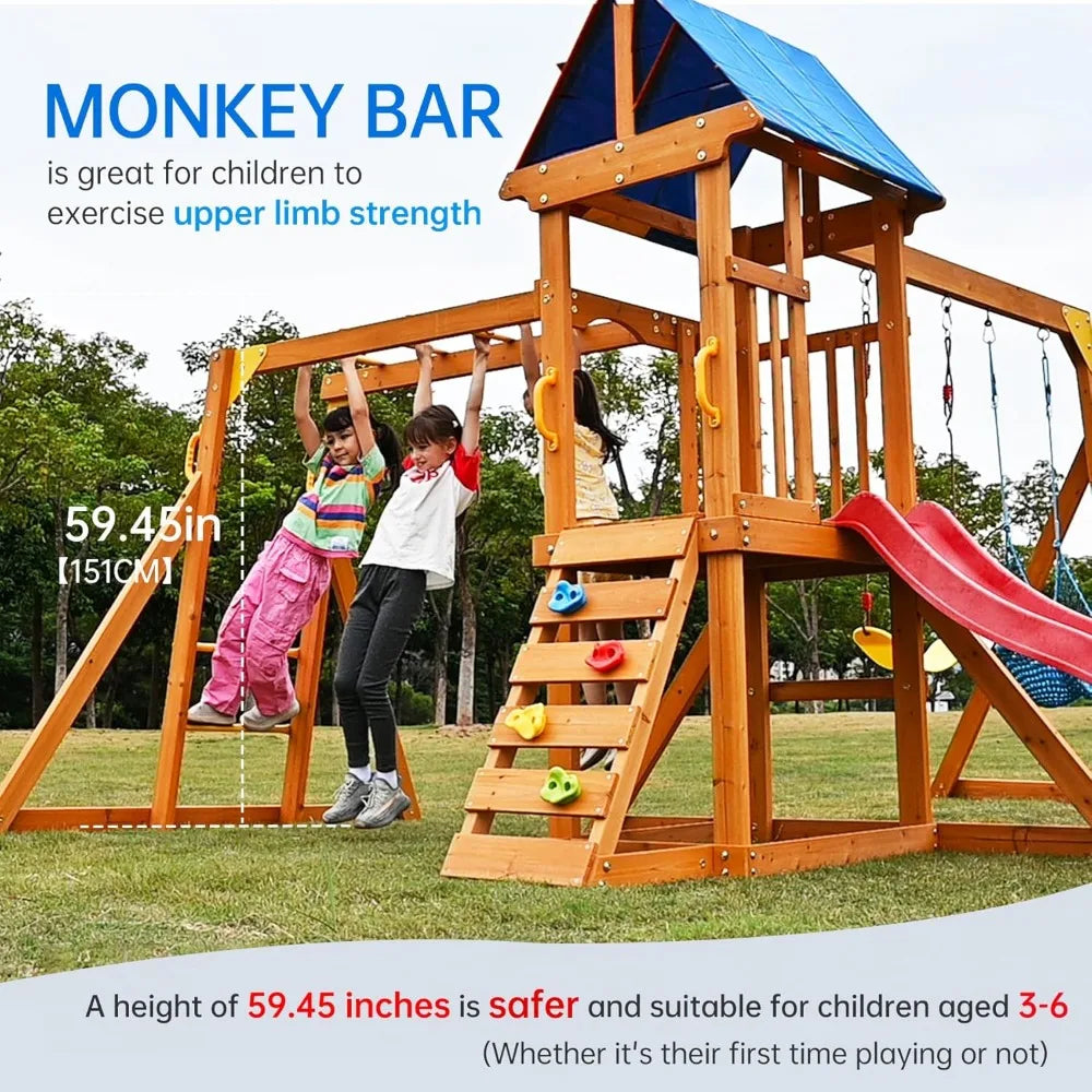 Two children play on a wooden backyard playground set with swing, slide, climbing wall, sandbox, and colorful canopy. At 59.45 inches high, it’s ideal for ages 3–6 and promotes upper limb strength during outdoor games.
