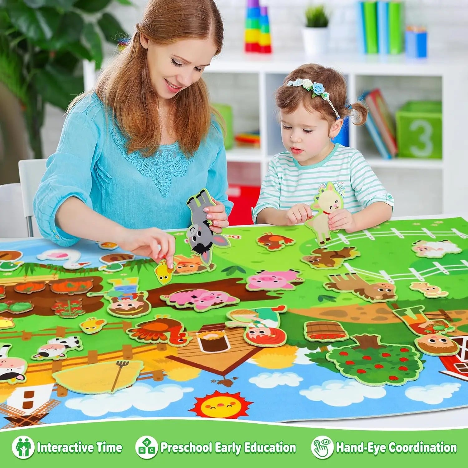 A woman and child play with the Farm Animals Felt Story Board Set Interactive Play Kit for Toddlers, enjoying its colorful felt animals and farm scene that foster early learning, interactivity, and hand-eye coordination.