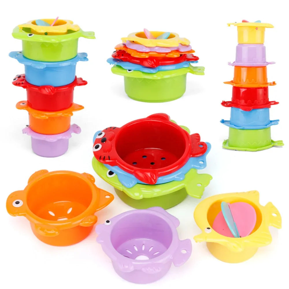 The 6Pcs Baby Bath Toy Stacking Cup features vibrant ocean designs in orange, purple, green, red, and blue. These educational toys are ideal for stacking or as bath toys, with cute animal faces and handles perfect for toddlers.