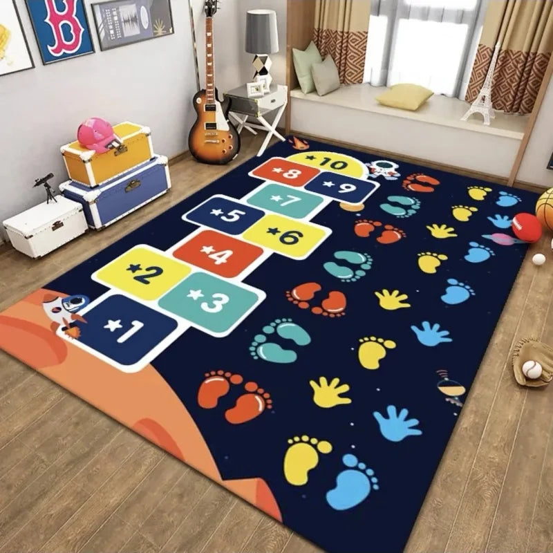 The MINISO Cartoon Hopscotch Carpet (Color 1) with numbers 1-10 and astronaut motifs adds fun to a cozy children’s room, featuring vibrant footprints on a wooden floor alongside a guitar, books, toys, and a window seat.