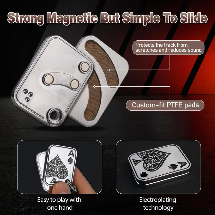 The EDC Metal Fidget Slider Magnetic Poker Push Card is a silver rectangular toy with an Ace of Spades design, custom PTFE pads, and electroplating. It features strong magnets, one-hand use, noise reduction, and scratch protection. Made in Mainland China.