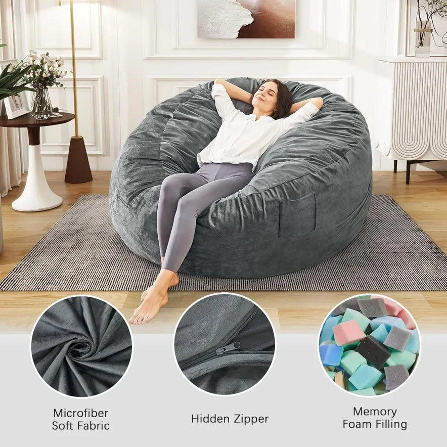 A woman lounges on the Bean Bag Chairs Convertible Bean Bag Bed in a modern living room. Insets showcase its soft microfiber cover, hidden zipper, and vibrant furniture foam filler—crafted as one piece for simple setup.
