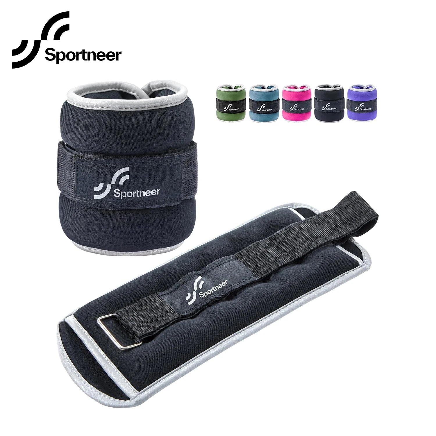 The Sportneer Adjustable Ankle and Wrist Weights Set, a 2 lb pair (1 lb each), features a black band and buckle. Available in green, blue, pink, gray, and purple with the Sportneer logo—ideal for boosting your strength training routine.