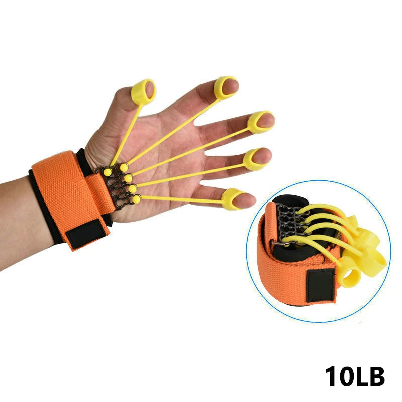 A close-up of a hand with an orange wrist strap and yellow resistance bands stretching to each finger, perfect for strength training. An inset shows the Forearm Grip Strengthener – Hand and Finger Trainer for Enhanced Grip Power. 10LB is displayed at the bottom right corner.