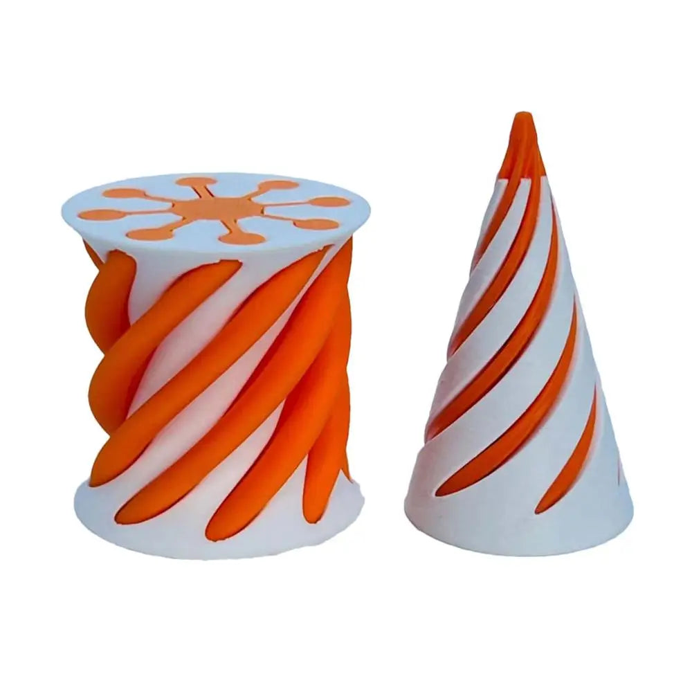 The Impossible Cone Sensory Fidget Toy is an orange, conical 3D-printed stress relief toy with a spiral cut-out design—ideal for kids or office desktop use.