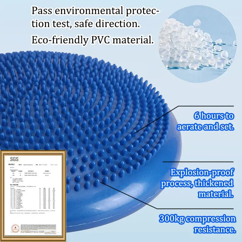 Image of blue, round Montessori Sensory Integration Training Balance Stones for Kids with small spikes. Inset shows eco-friendly white PVC granules. Highlights include 6-hour aeration time, explosion-proof design, and 300kg compression resistance. Includes test report image.