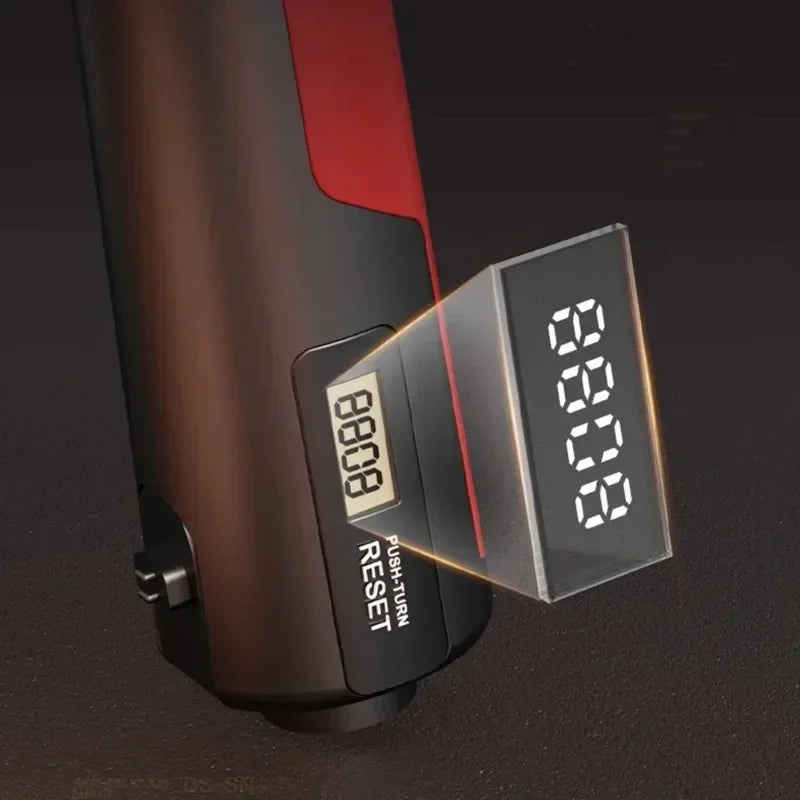Close-up of a Hand Gripper for Muscle Development and Fitness Workouts with a display showing 8008, featuring buttons labeled ADJUST/RESET for Adjustable Resistance. It has a matte black finish with red accents.