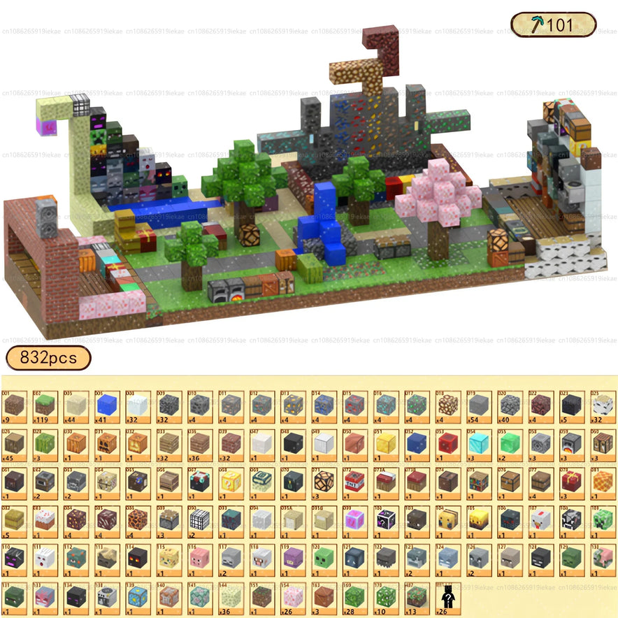 The Magnetic Building Blocks Mine World Magnet Cube Set (T101-832PCS) for kids ages 3+ is a Montessori STEM sensory toy with 832 pieces, featuring labeled images of all 101 block types to build Minecraft-style landscapes with trees, water, and buildings.