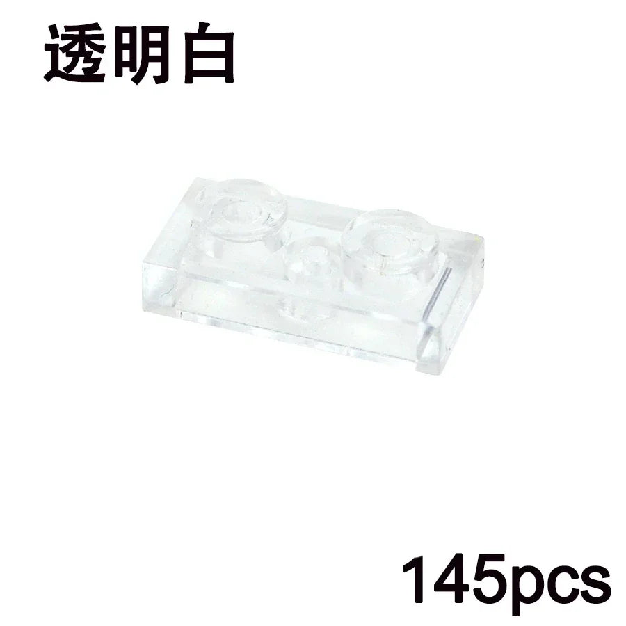 A transparent 1x2 brick from the MOC Transparent Bulk Brick Set is shown, featuring Chinese text at the top left and 145pcs in black at the bottom right—ideal clear parts for any LEGO-compatible collection.