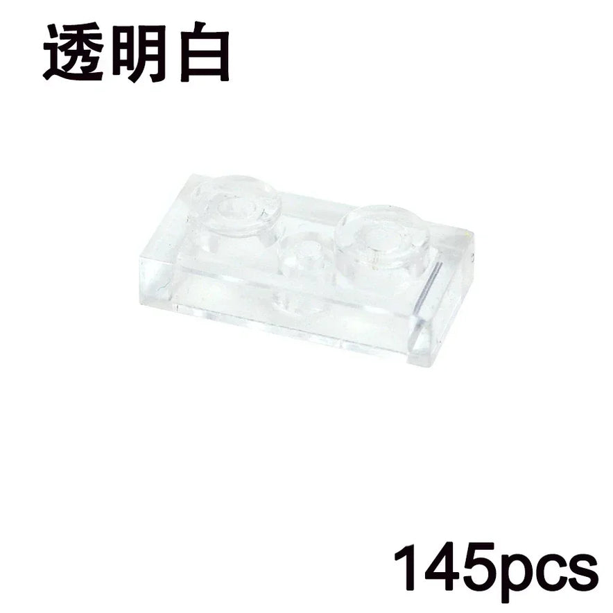 A transparent 1x2 brick from the MOC Transparent Bulk Brick Set is shown, featuring Chinese text at the top left and 145pcs in black at the bottom right—ideal clear parts for any LEGO-compatible collection.