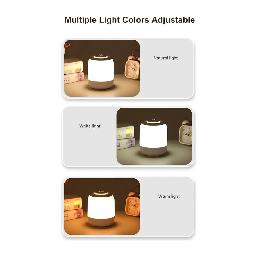 Image of the Touch Control LED Night Light Lamp with 3 color settings (natural, white, warm) placed between books and an alarm clock. USB rechargeable and perfect for bedside or desk use. Text at the top reads Multiple Light Colors Adjustable.