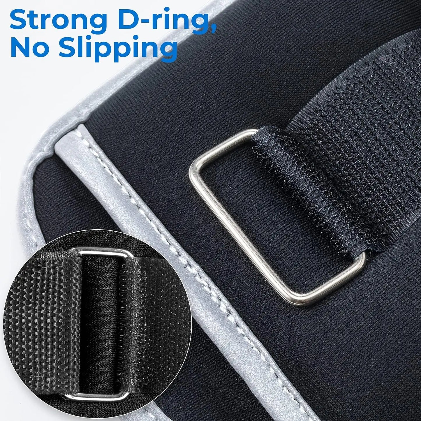Close-up of a black strap with a silver D-ring on fabric. A circular inset details the D-ring, ideal for Sportneer Adjustable Ankle and Wrist Weights. Blue text: Strong D-ring, No Slipping. Perfect for strength training with 2 lbs pair & 1 lb each adjustable weights.