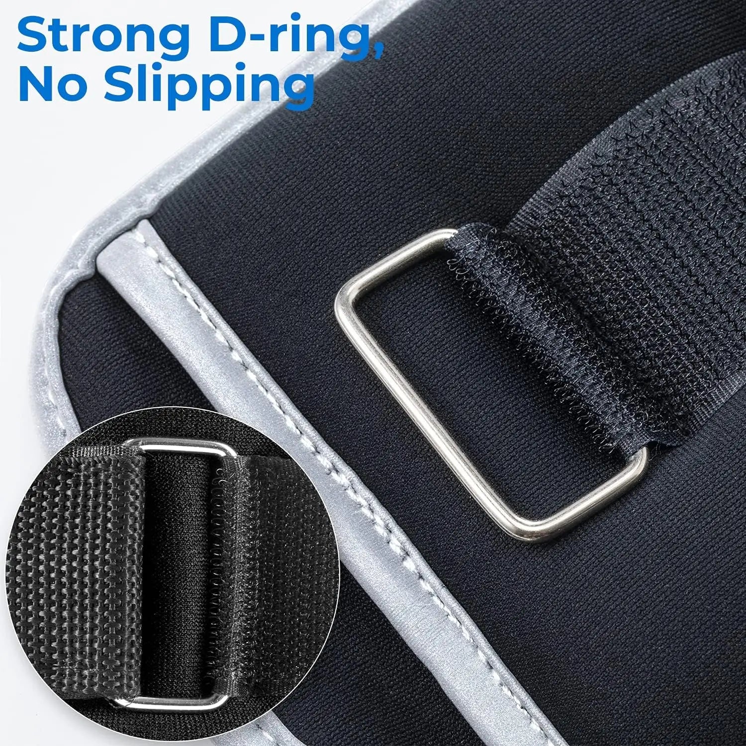 Close-up of a black strap with a silver D-ring on fabric. A circular inset details the D-ring, ideal for Sportneer Adjustable Ankle and Wrist Weights. Blue text: Strong D-ring, No Slipping. Perfect for strength training with 2 lbs pair & 1 lb each adjustable weights.