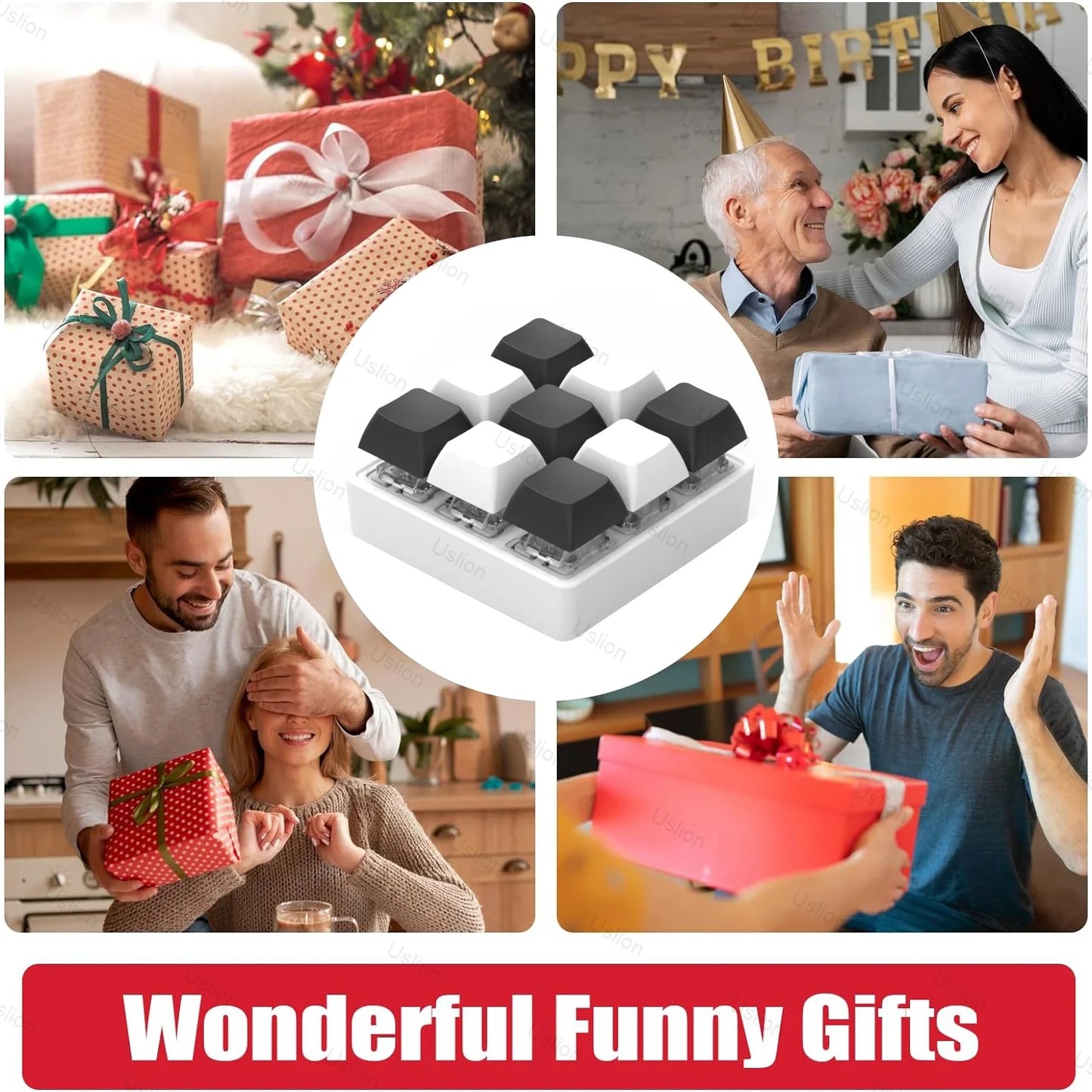 A collage shows people exchanging gifts and smiling, with a 9 Keys Keyboard Key Toy DIY Fidget Button Keycap Stress Relief Finger Keyboard Keychain in the center. Text reads: Wonderful Funny Gifts—perfect as a stress relief fidget toy for anyone.