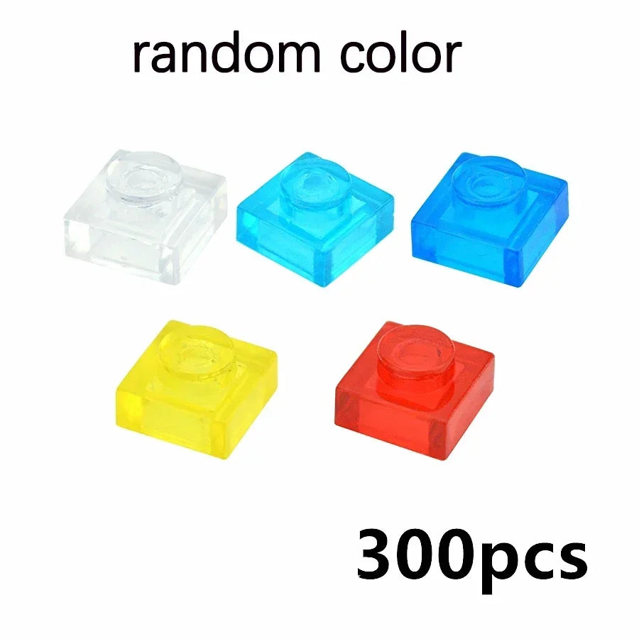 Add to your Lego collection with the MOC Transparent Bulk Brick Set—1x1 clear building blocks in random colors. Random color text above and 300pcs text below.