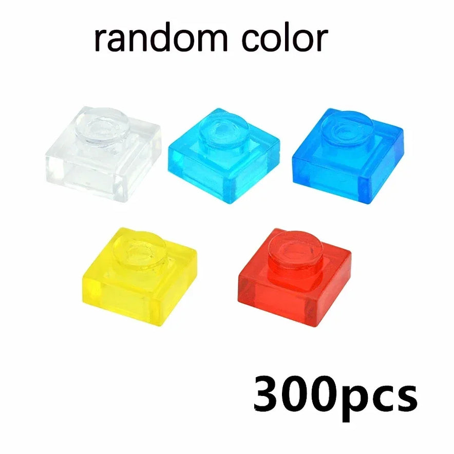 Add to your Lego collection with the MOC Transparent Bulk Brick Set—1x1 clear building blocks in random colors. Random color text above and 300pcs text below.