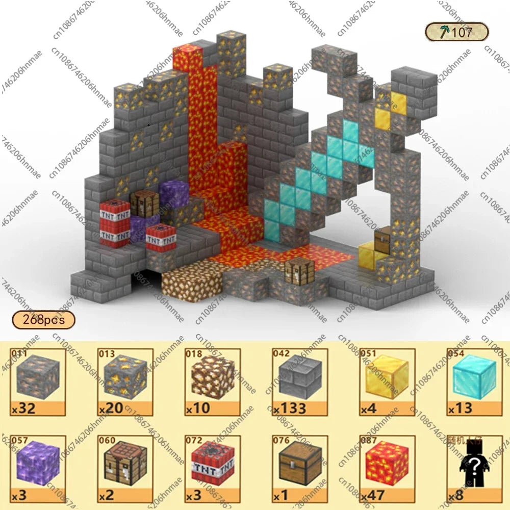 The Magnetic Building Blocks Mine World Magnet Cube Set for kids ages 3+ (T107-268PCS) includes 268 pieces—lava, stone blocks, ores, crates, TNT, and a diamond sword—making it a fun Montessori STEM educational sensory toy.