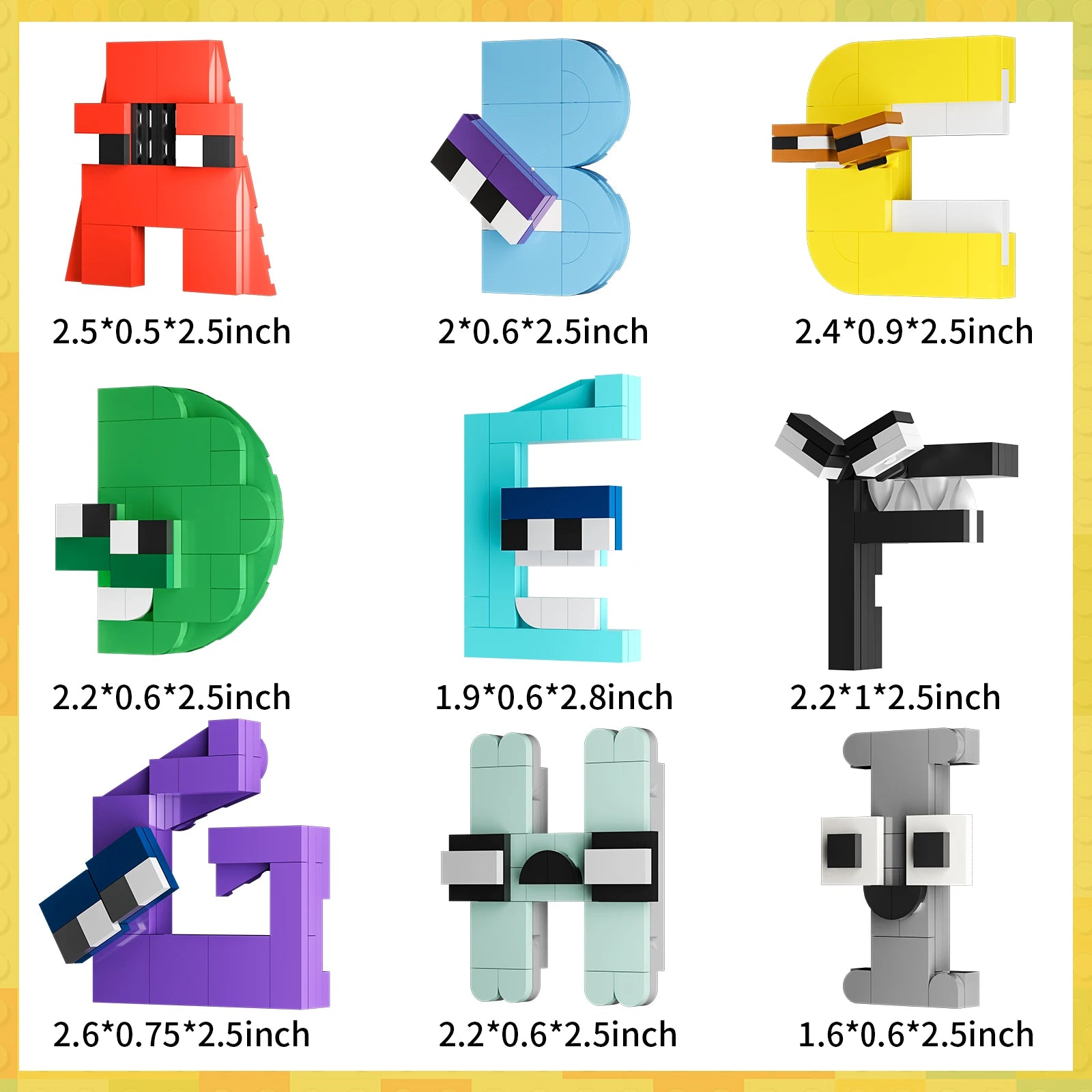 Nine vibrant, block-style letters (A–I) from the Gobricks MOC Letters Lore A-Z English Alphabet Building Blocks Set are arranged in a 3x3 grid on a white background with a yellow border, each featuring cartoon eyes and size details.