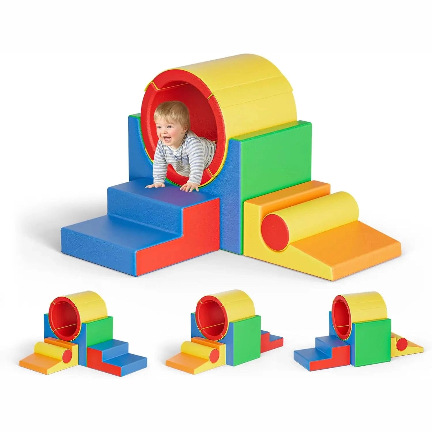 A toddler crawls out of the Foam Climbing Blocks for Toddlers 1-3, a 5-piece soft play set with tunnel and ramps for safe indoor exploration. Smaller images show various ways to configure these infant-safe blocks.