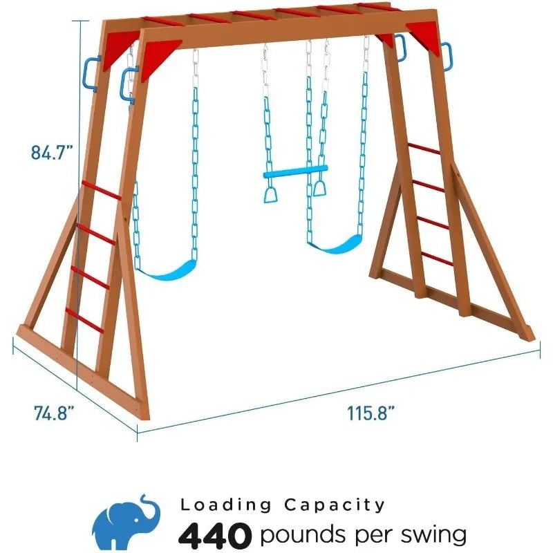 The Wood Swing Sets for Backyard with Monkey Bar Playset features two swings, a trapeze bar, and monkey bars. It measures 84.7 tall, 115.8 wide, 74.8 deep, and each swing holds up to 440 lbs—illustrated with an elephant icon.